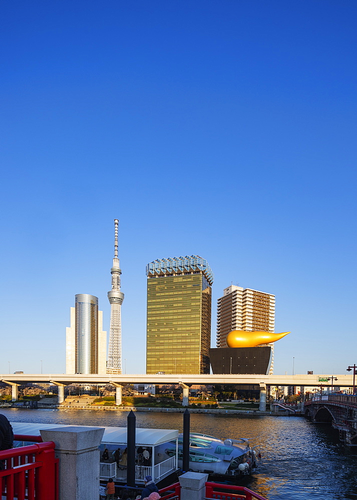 Tokyo Sky Tree Tower and Asahi beer Golden Flame (Golden Turd), Asakusa, Tokyo, Japan, Asia