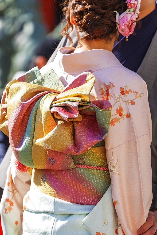 Detail of a girl wearing a kimono, Sensoji Temple, Asakusa, Tokyo, Japan, Asia