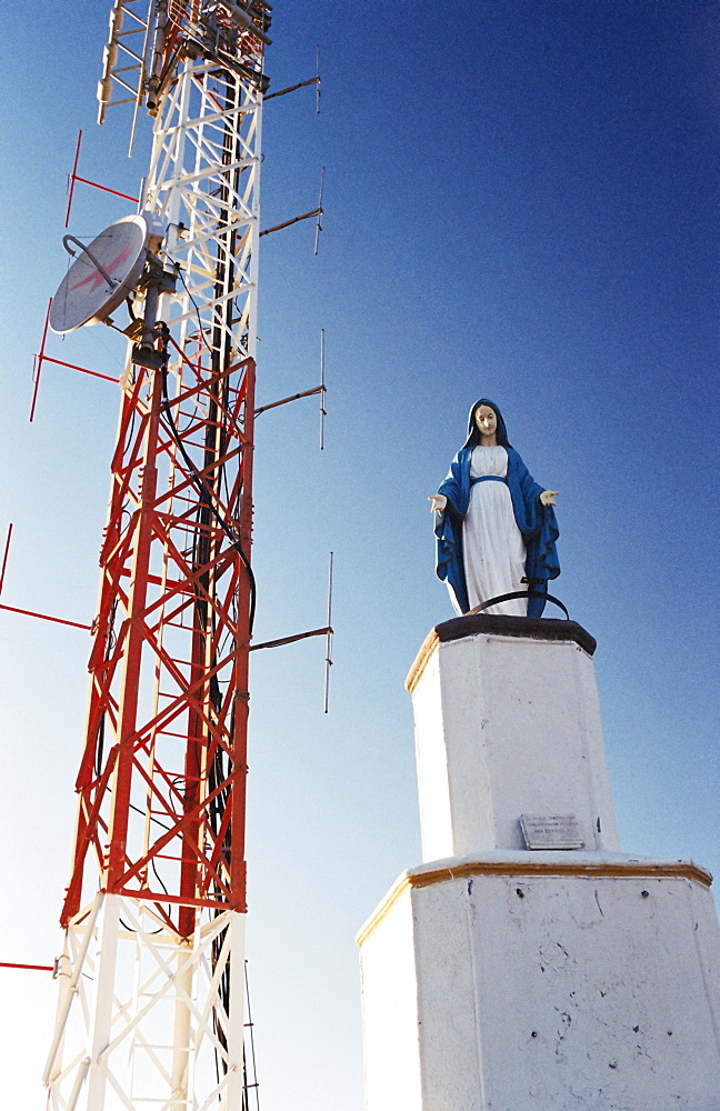 Statue of the Virgin Mary and communications tower, Vicuna, Elqui Valley, Chile, South America