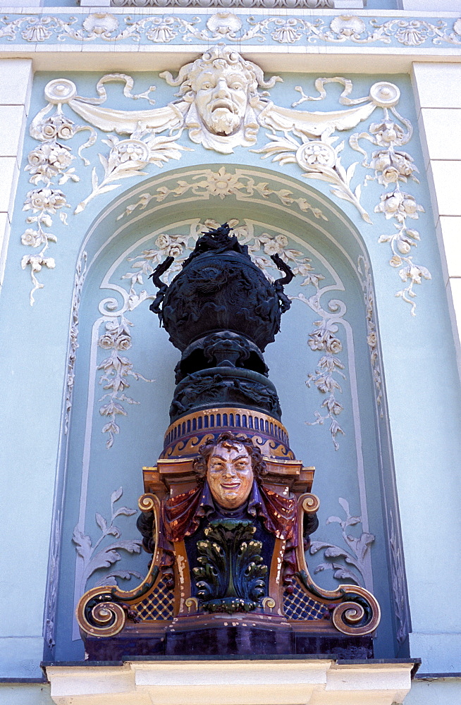 Close-up of a statue in an alcove on the facade of the art nouveau building, Otto Wagner Villa No 26, Penzing, Vienna, Austria, Europe