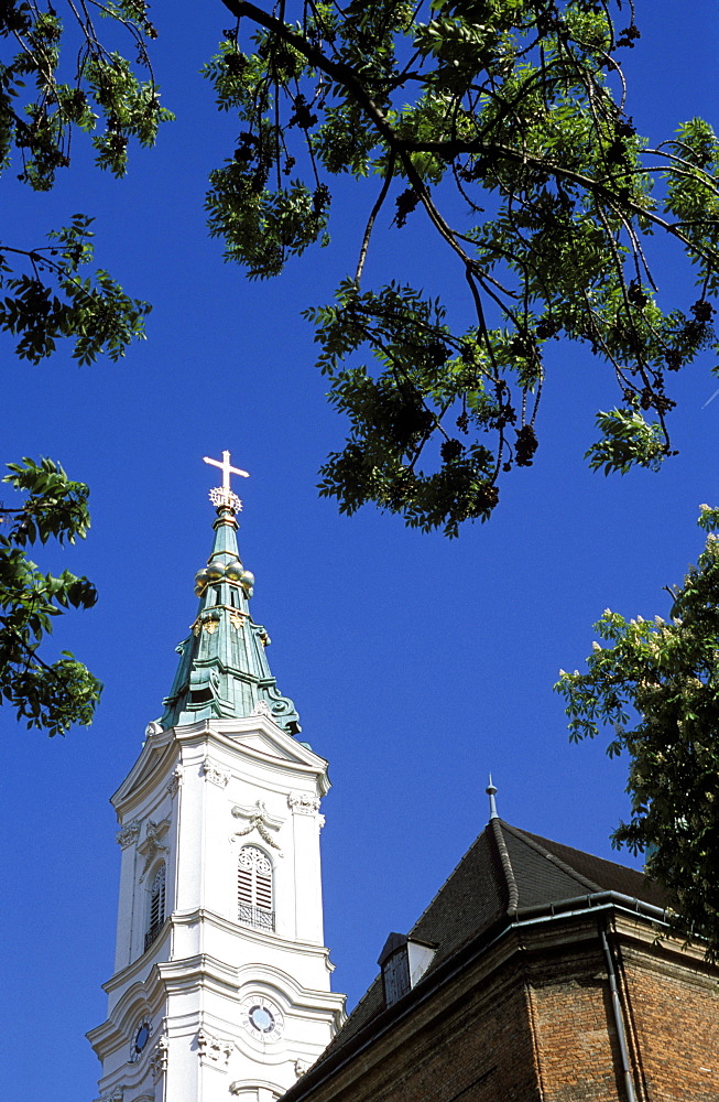 Low angle view of the exterior of the church tower of Piaristenkirche, Josefstadt, Vienna, Austria, Europe