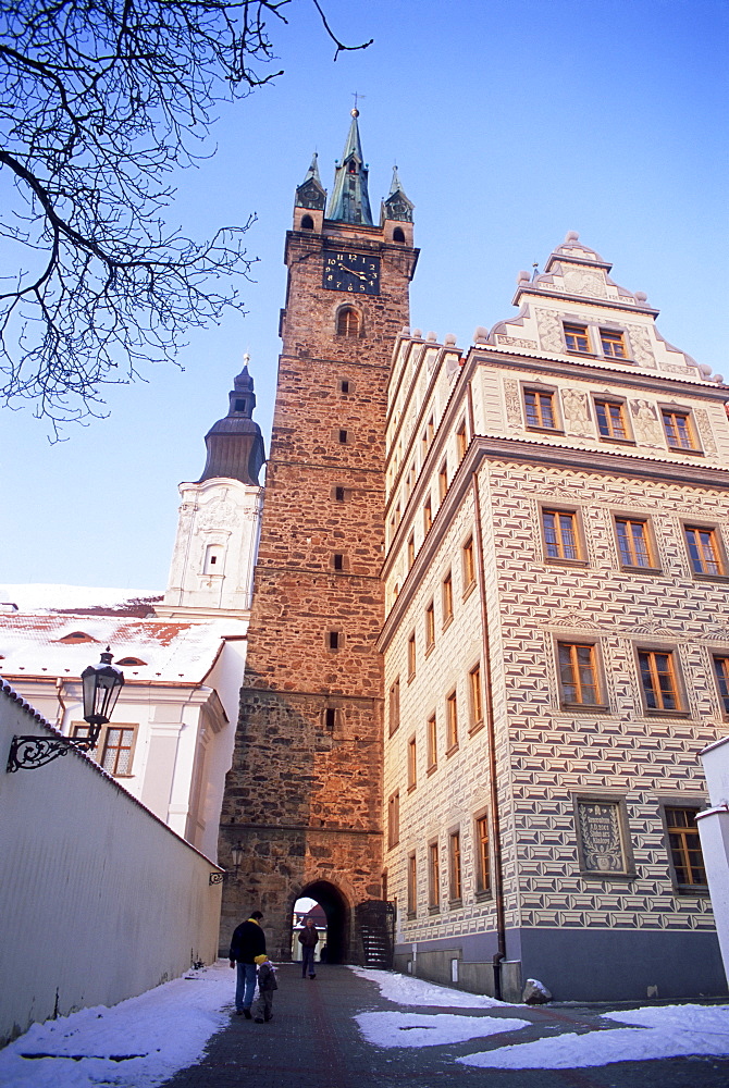 Gothic Black Tower dating from 1557 and rear of Renaissance Town Hall with neo-Renaissance facade by architect Josef Fanta from 1925, Klatovy, Plzensko, Czech Republic, Europe