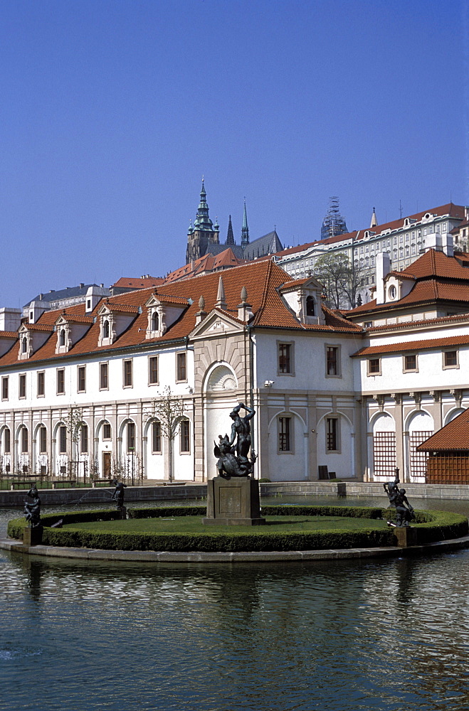 The Valdstejn Garden and Palace, with Prague castle above, Mala Strana, Prague, Czech Republic, Europe