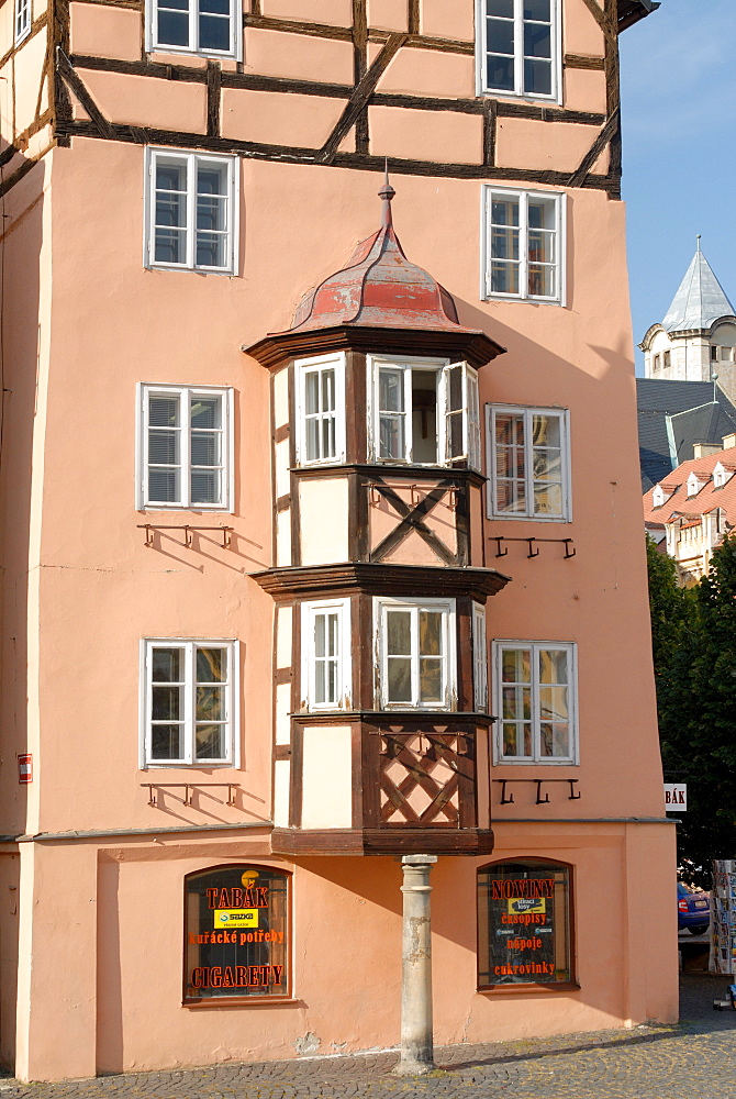 One of the Gothic Spalicek buildings which are part of the Spalicek complex at Kral Jiri z Podebrad Square in town of Cheb, Karlovarsky Region, West Bohemia, Czech Republic, Europe