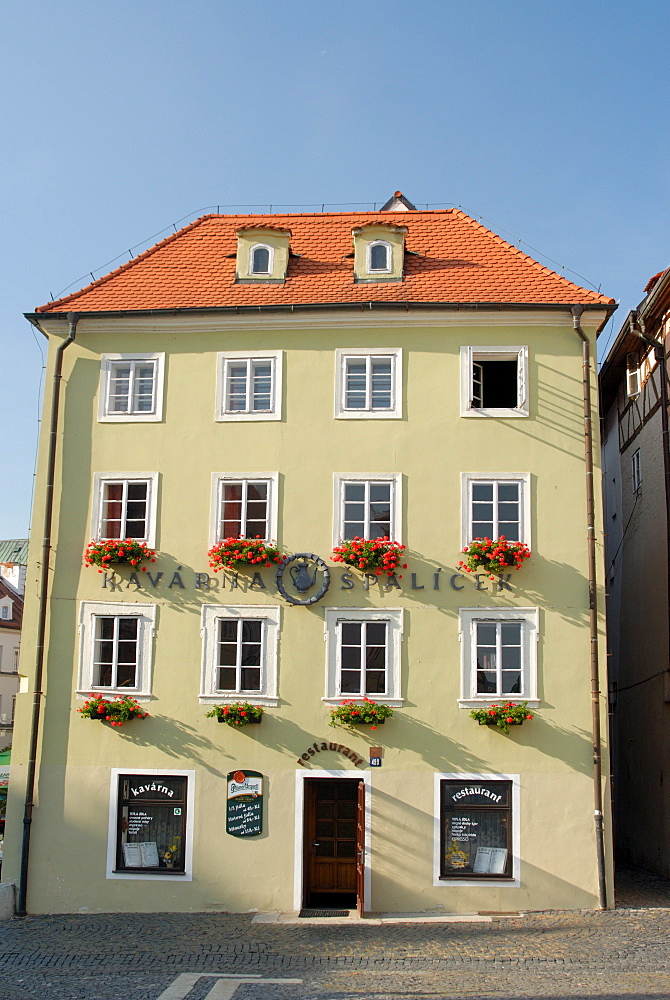 Gothic Cafe Spalicek building is part of Spalicek complex at Kral Jiri z Podebrad Square in town of Cheb, Karlovarsky Region, West Bohemia, Czech Republic, Europe