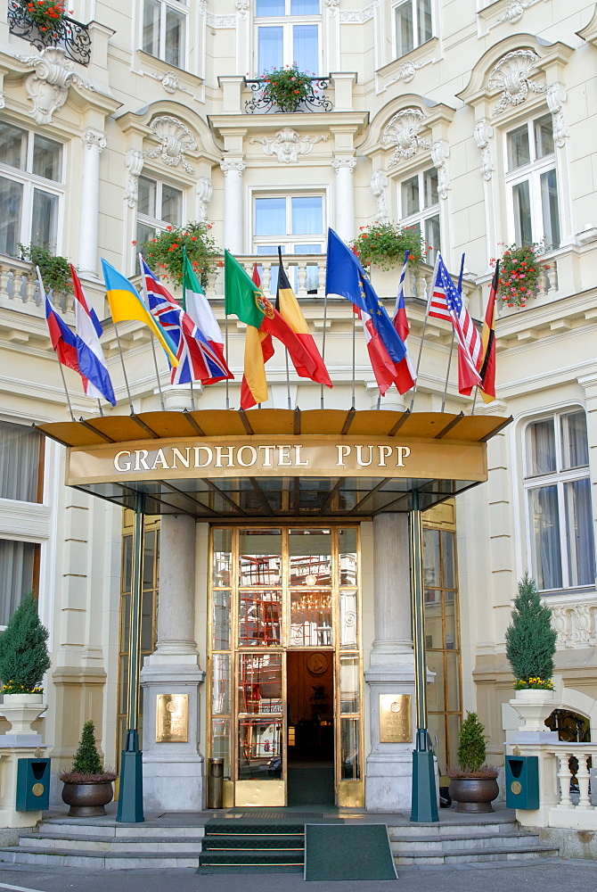 Main entrance of luxury Grandhotel Pupp in the spa town of Karlovy Vary, Karlovarsky Region, West Bohemia, Czech Republic, Europe