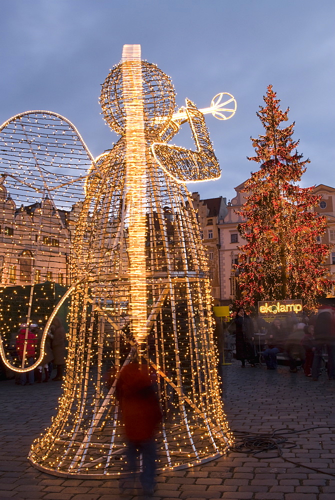 Christmas market decorations at Staromestske (Old Town Square), Stare Mesto, UNESCO World Heritage Site, Prague, Czech Republic, Europe