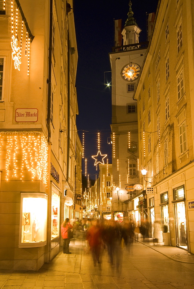 Christmas decorations at Getreidgasse during twilight, Salzburg, Austria, Europe