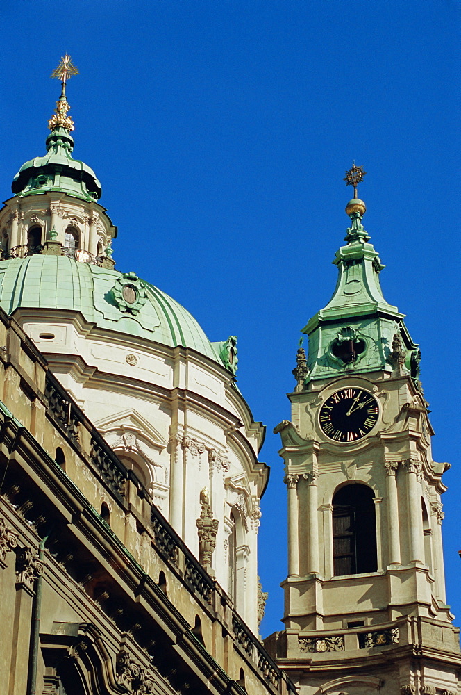 Cupola and tower of the Baroque St. Nicholas Church, Mala Strana, Prague, Czech Republic, Europe