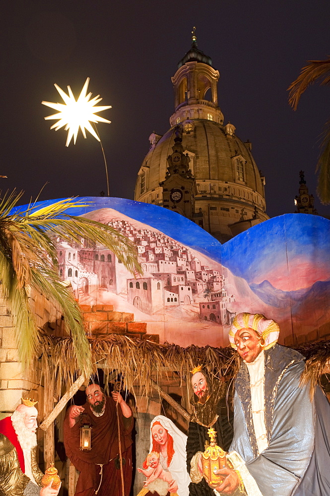 Nativity Scene at Christmas Market in front of Frauen Church at night, Neumarkt, Innere Altstadt, Dresden, Saxony, Germany, Europe