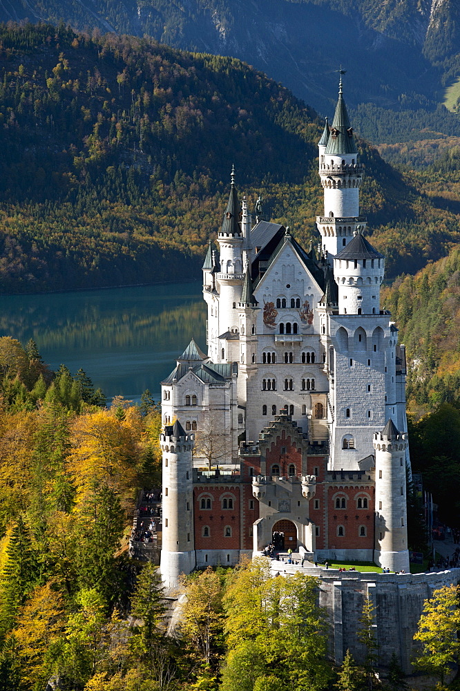 Romantic Neuschwanstein Castle and German Alps during autumn, southern part of Romantic Road, Bavaria, Germany, Europe