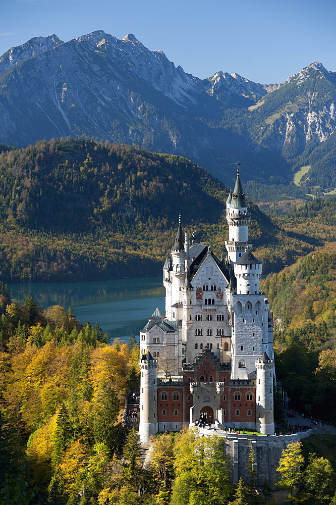 Romantic Neuschwanstein Castle and German Alps during autumn, southern part of Romantic Road, Bavaria, Germany, Europe