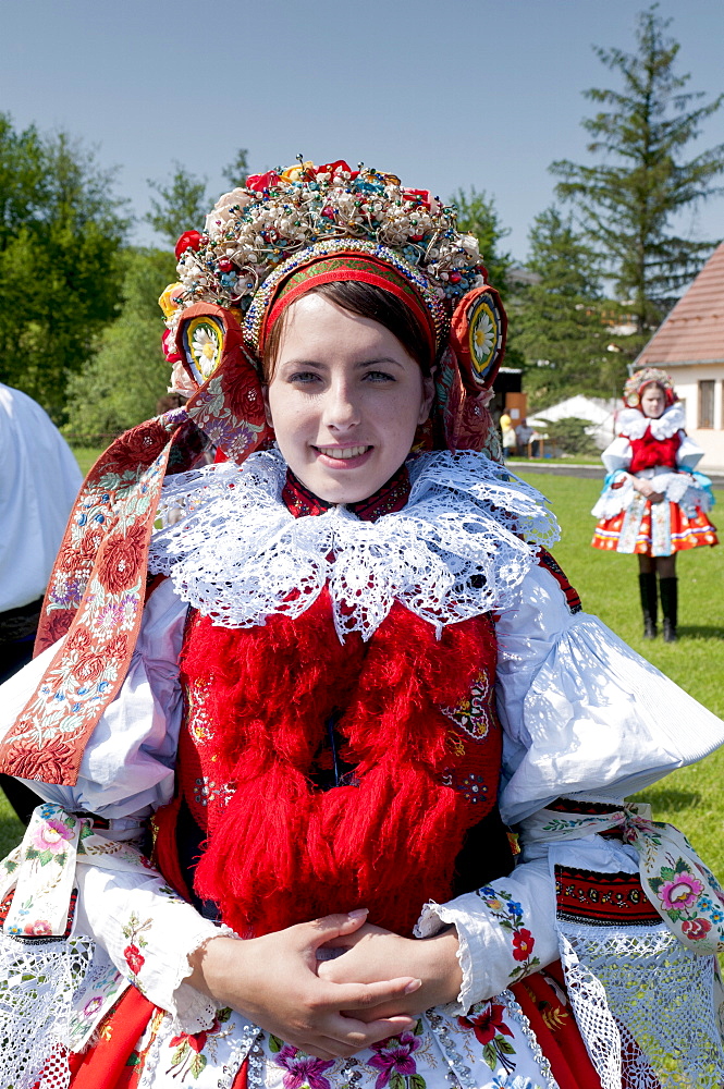 Woman wearing folk dress, The Ride of the Kings festival, Vlcnov, Zlinsko, Czech Republic, Europe