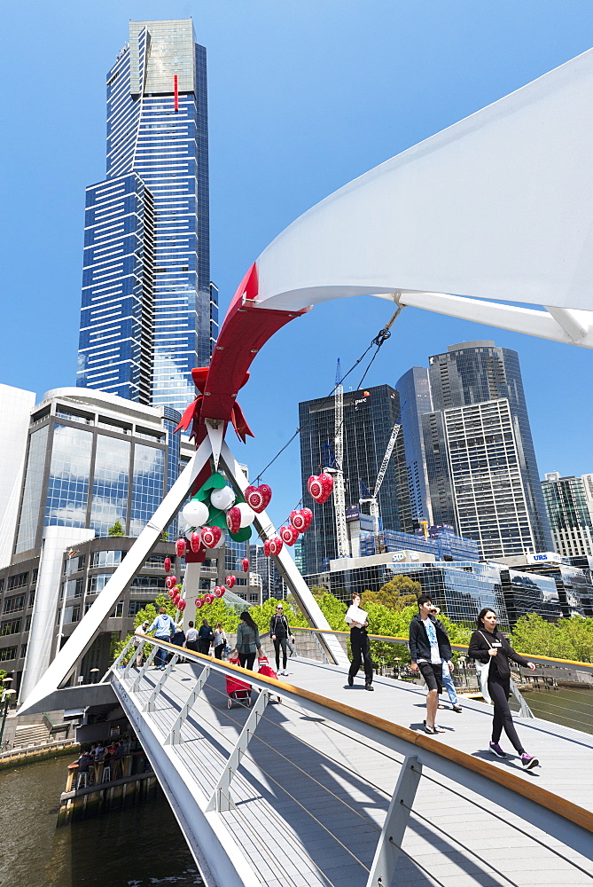 Christmas decorations on Southbank footbridge and Eureka Tower, Melbourne, Victoria, Australia, Pacific