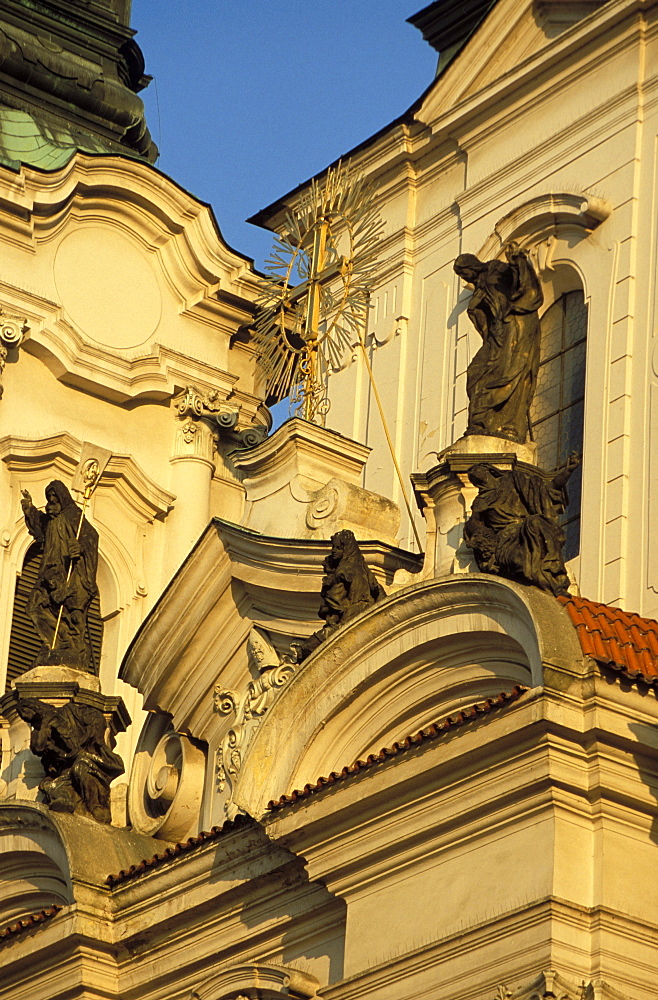 Exterior detail of Baroque facade of St. Nicholas church, Old Town Square, Stare Mesto, Prague, Czech Republic, Europe