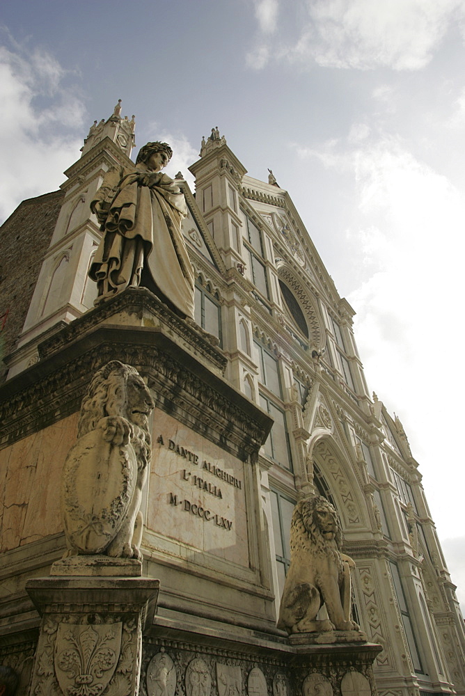 Dante and the facade of Santa Croce church, Florence, Tuscany, Italy, Europe