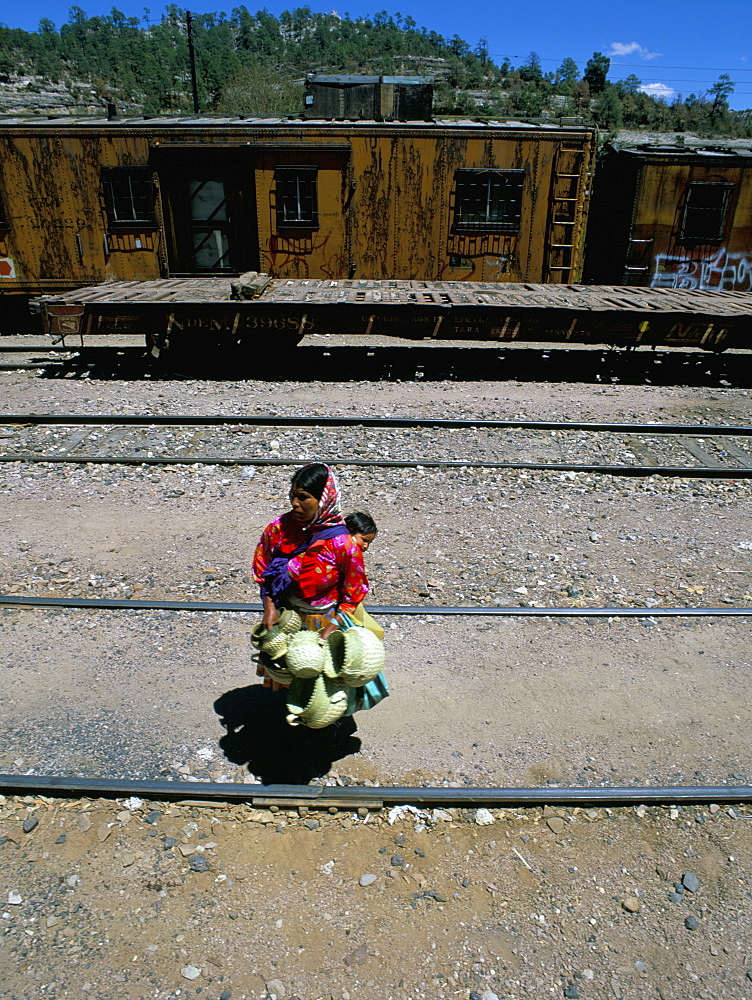 Tarahumara Indian mother and child, Copper Canyon train, Mexico, North America