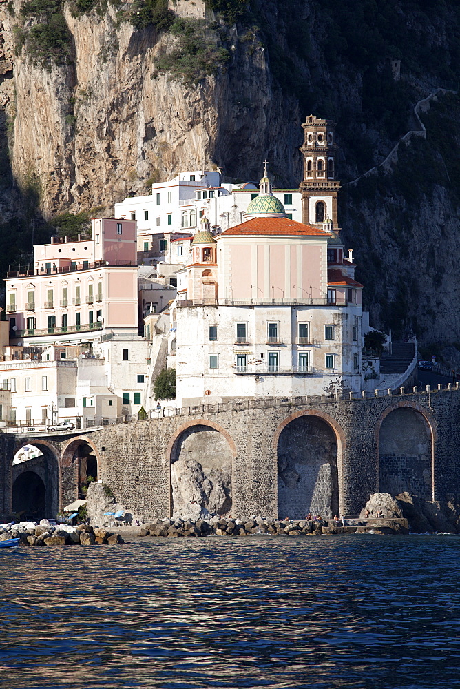 View of Atrani from the sea, Costiera Amalfitana, UNESCO World Heritage Site, Campania, Italy, Mediterranean, Europe 