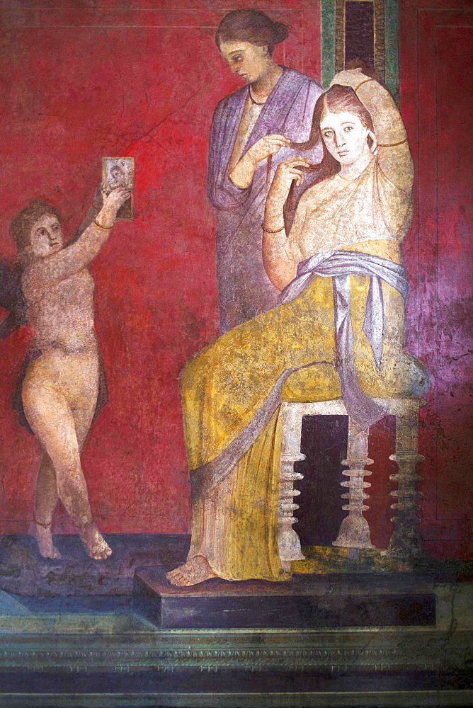 The Baccantis before the feast in the Triclinium in the Villa dei Misteri, Pompeii, UNESCO World Heritage Site, Campania, Italy, Europe