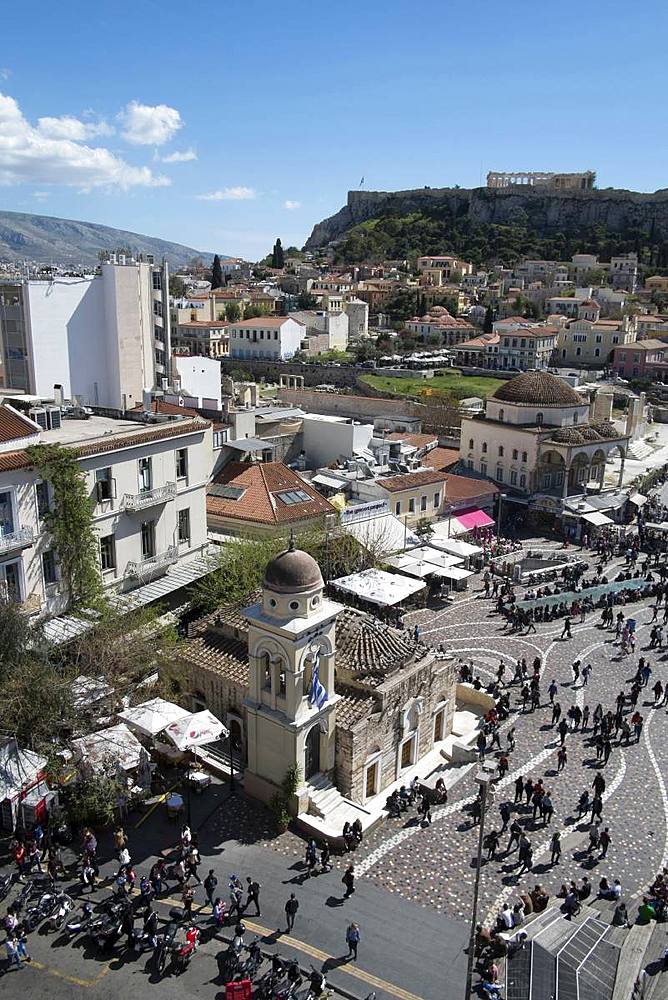 High view of the Parthenon from Monastiraki Square in the Plaka district, Athens, Greece, Europe