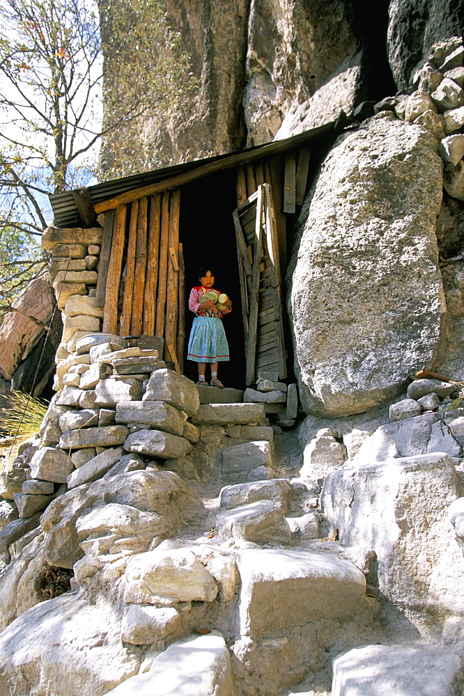 Tarahumara Indian child and house, Mexico, North America