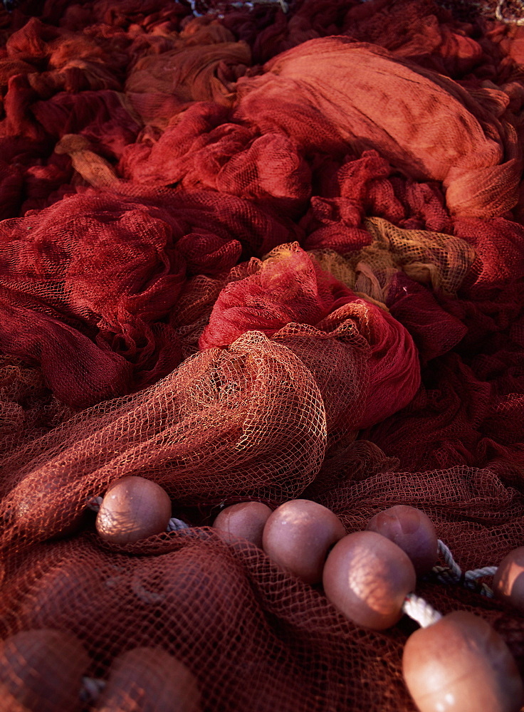 Close-up of fishing nets and floats, Sicily, Italy, Mediterranean, Europe