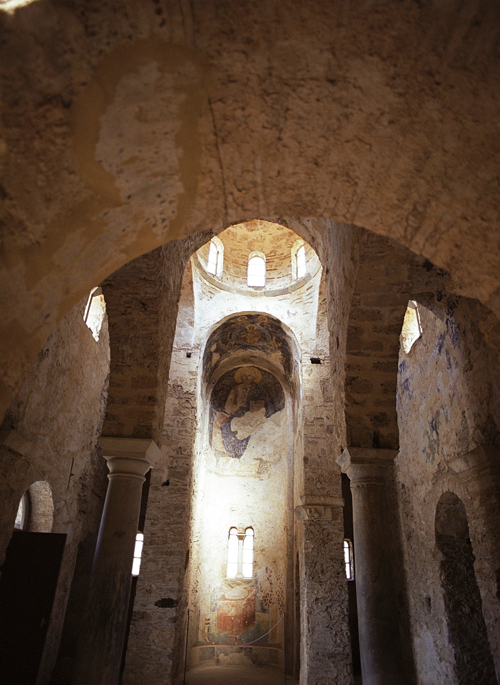 Interior of Ayia Sofia, 14th century Byzantine church, Mystra, Peloponnese, Greece, Europe