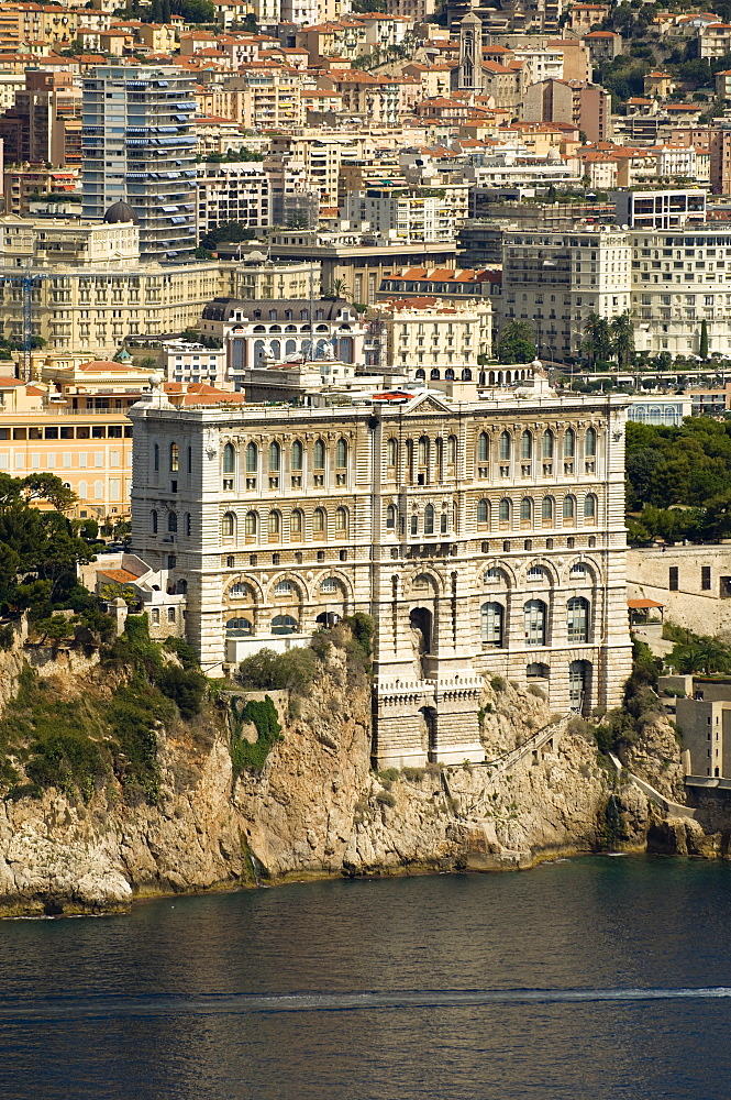 View from helicopter of Monaco Oceanography Museum and Monte Carlo, Monaco, Cote d'Azur, Mediterranean, Europe