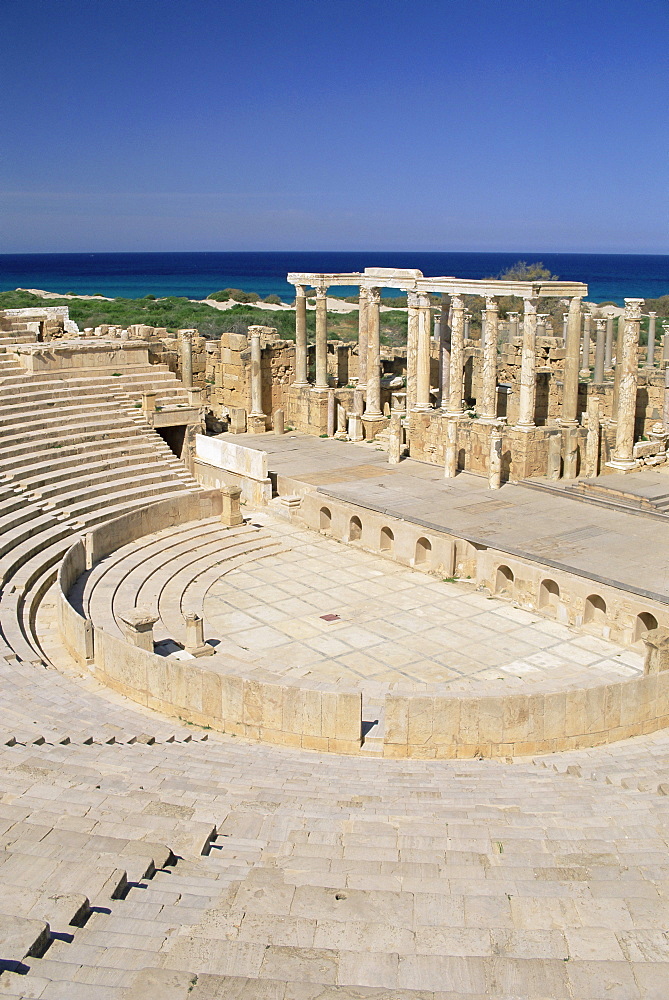 Roman theatre, archaeological site of Leptis Magna, UNESCO World Heritage Site, Tripolitania, Libya, North Africa, Africa