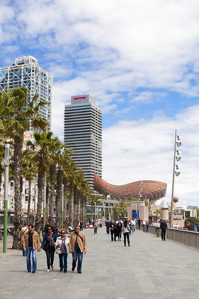 Golden fish by Frank Owen Gehry, Mapfre Tower and Hotel Arts, Olympic Harbour, La Barceloneta district, Barcelona, Catalonia, Spain, Europe