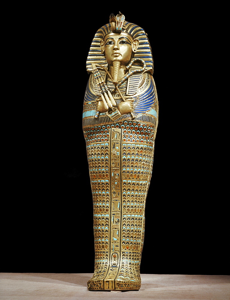 One of the four small gold mummiform coffins placed in the canopic urns, from the tomb of the pharaoh Tutankhamun, discovered in the Valley of the Kings, Thebes, Egypt, North Africa, Africa