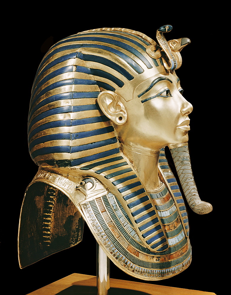 Tutankhamun's funeral mask in solid gold inlaid with semi-precious stones and glass-paste, from the tomb of the pharaoh Tutankhamun, discovered in the Valley of the Kings, Thebes, Egypt, North Africa, Africa