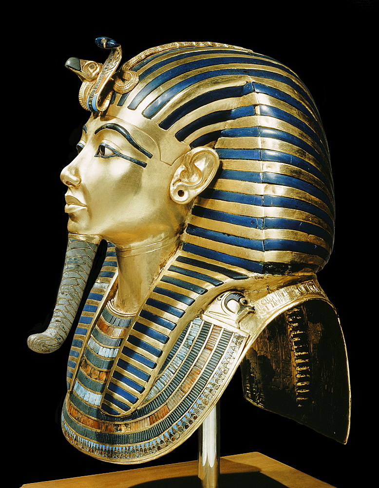 Tutankhamun's funeral mask in solid gold inlaid with semi-precious stones and glass-paste, from the tomb of the pharaoh Tutankhamun, discovered in the Valley of the Kings, Thebes, Egypt, North Africa, Africa