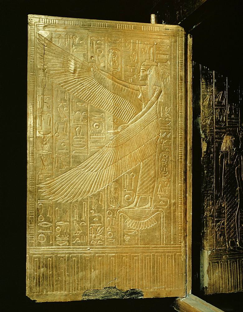 One of the double doors of the gilt shrine showing the goddess Isis, from the tomb of the pharaoh Tutankhamun, discovered in the Valley of the Kings, Thebes, Egypt, North Africa, Africa