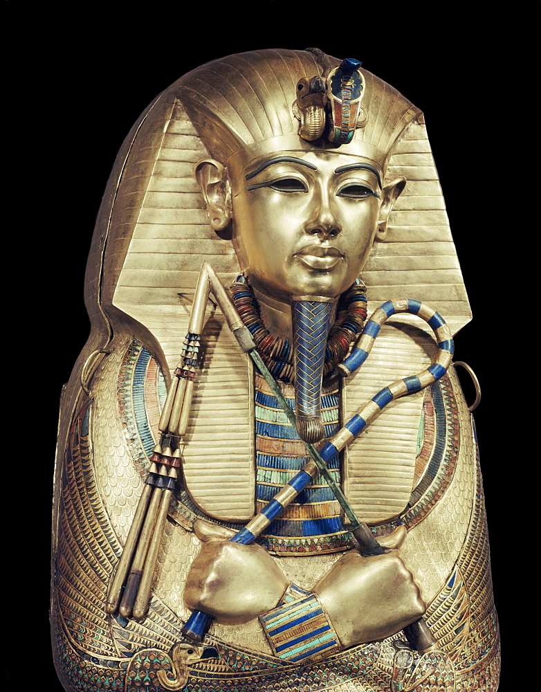 Mummiform coffin of gold with inlaid semi-precious stones and glass-paste, depicting the god Osiris, from the tomb of the pharaoh Tutankhamun, discovered in the Valley of the Kings, Thebes, Egypt, North Africa, Africa