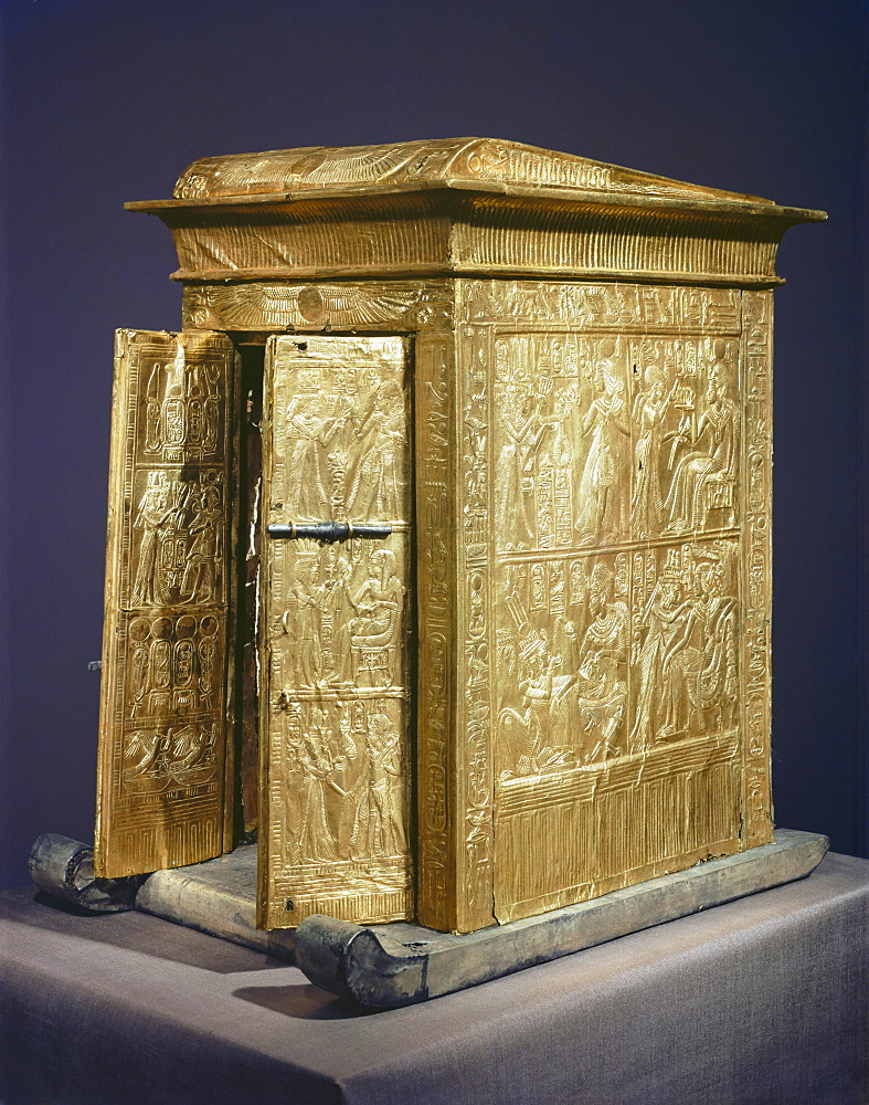 The gilt shrine which originally contained the statuettes of the royal couple in the tomb of the pharaoh Tutankhamun, discovered in the Valley of the Kings, Thebes, Egypt, North Africa, Africa