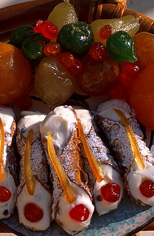 Cannolo and candied fruit, Scopello, Sicily, Italy