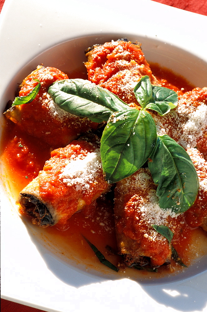 Aubergine rolls, Il Tramonto restaurant, Ponza island, Lazio, Italy 