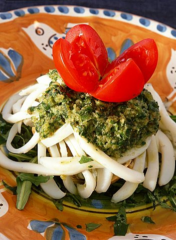 Cuttlefish salad on artichokes bed with green caper-sauce, "Orestorante" restaurant, Ponza island, Lazio, Italy 