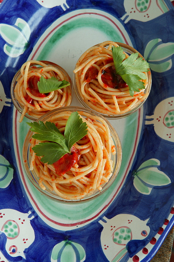 Spaghetti pasta with tomato sauce, Orestorante restaurant, Ponza island, Lazio, Italy 

