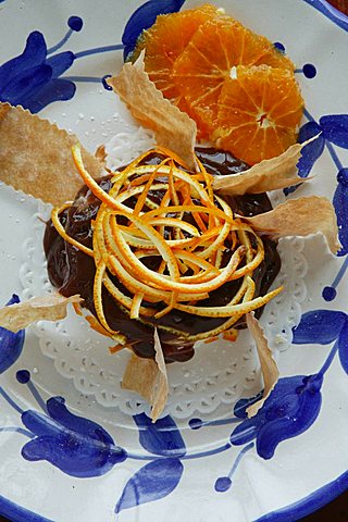 Little chocolate cake with orange, Orestorante restaurant, Ponza island, Lazio, Italy 