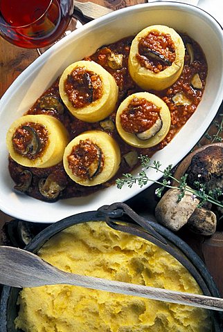 Polenta with tomato sauce and mushrooms, Italy