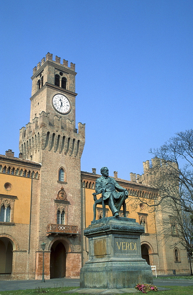 Castle with statue of Verdi, Busseto, Parma, Emilia-Romagna, Italy