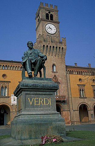 Castle with statue of Verdi, Busseto, Parma, Emilia-Romagna, Italy