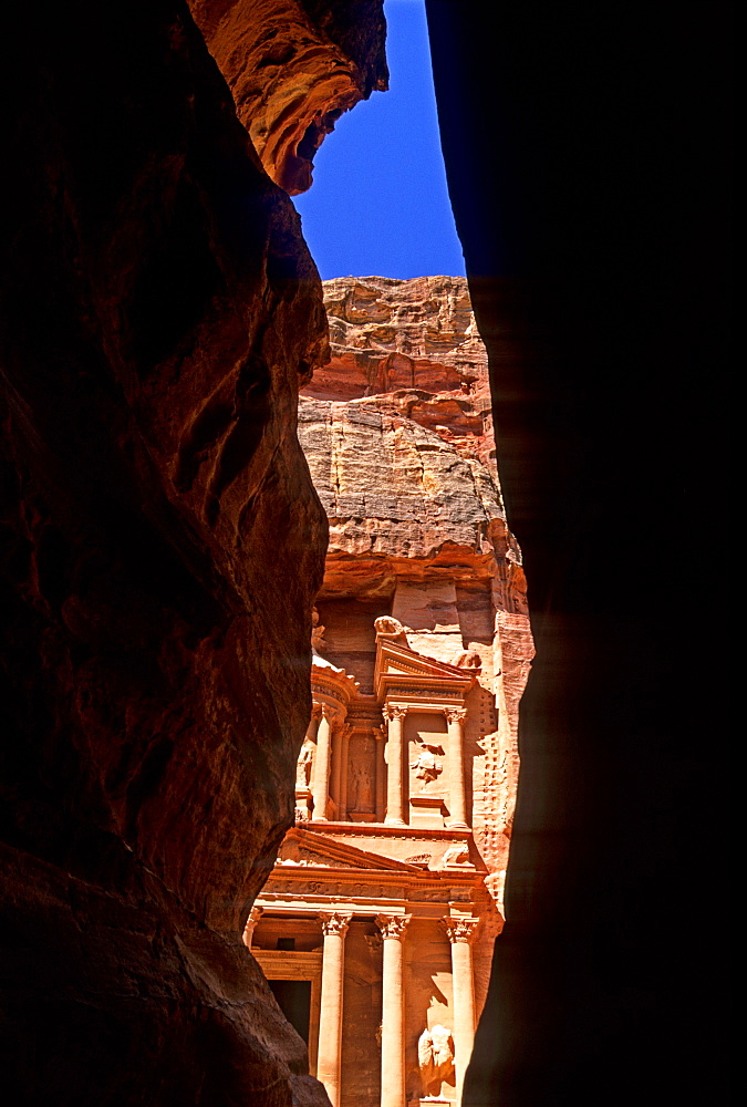 Tesoro monument seen from As Siq gorge, Petra, Jordan, Middle East