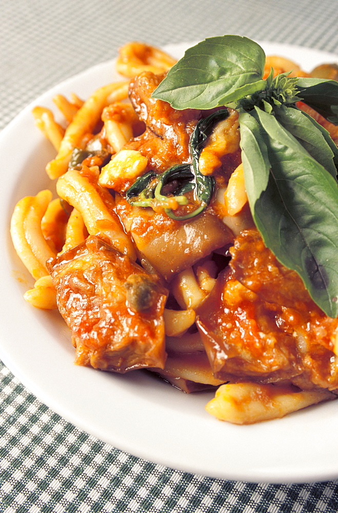 Strozzapreti pasta with tomato sauce, Il Veliero restaurant, Marettimo island, Egadi islands, Sicily, Italy