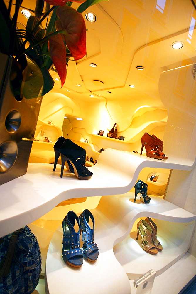 Shoes shop window, Via della Spiga, Milan, Lombardy, Italy, Europe