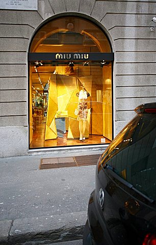 Miu Miu shop window, Via Sant'Andrea 21  street, Milan, Lombardy, Italy, Europe