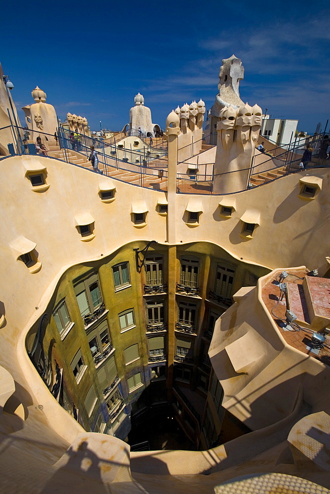 Chimney roof, La Pedrera (Casa Milà) of Antoni Gaudì, Passeig de Gràcia, Barcelona, Spain, Europe