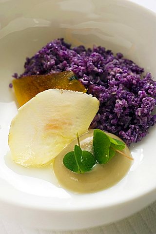 Purple caulyflower cous cous with khaki and chestnut mousse, Claude Bosi chef,  London, England, UK, Europe